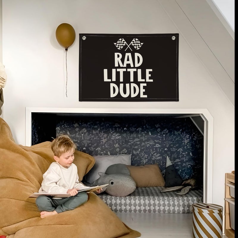 PLKMN Race Car Room Decor for Boys, Kids Playroom Decor Rad Little Dude Black Canvas Banner Wall Hanging Banner Flag, Classroom Decorations - Image 3